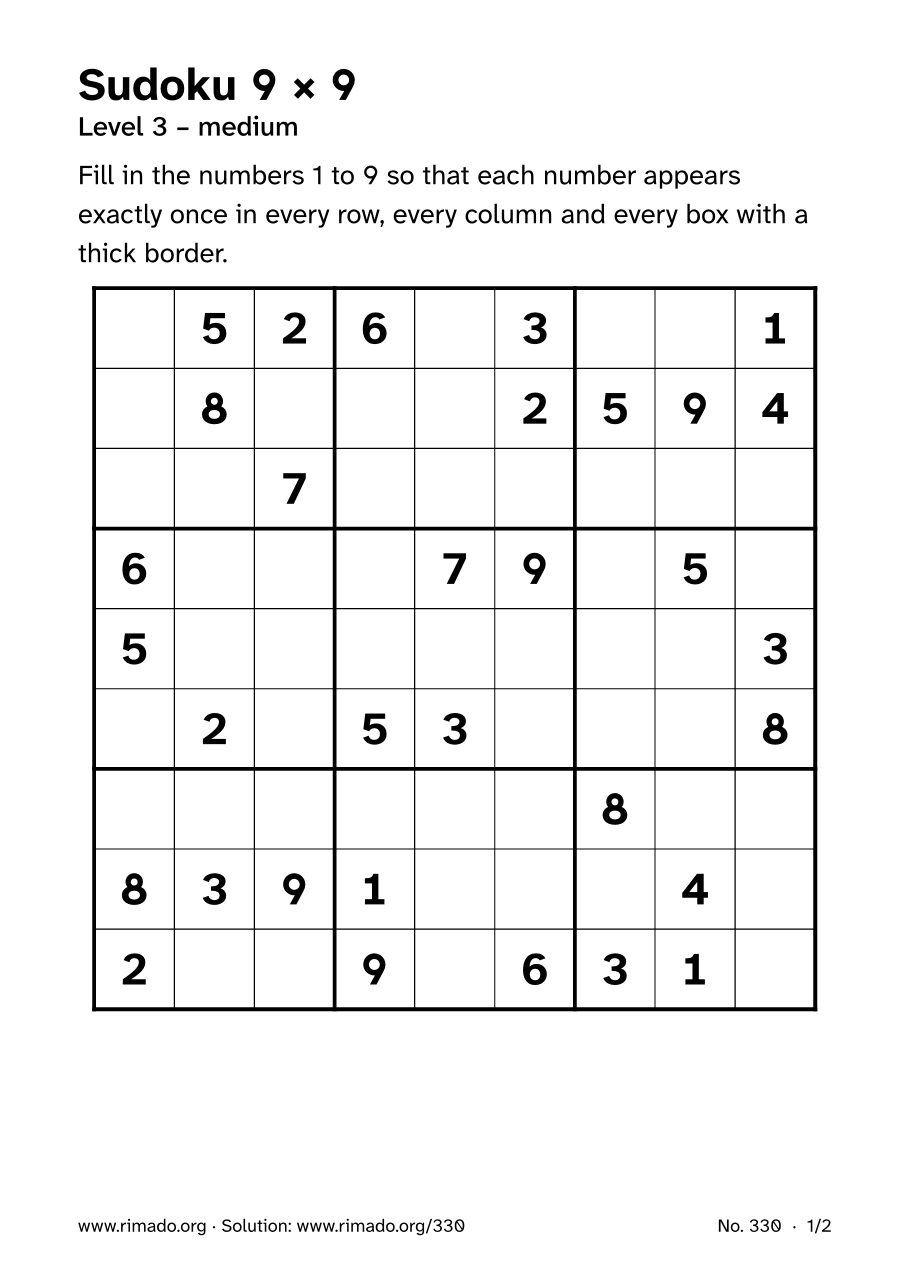 Preview of the printed page: Sudoku 9 × 9, no. 330