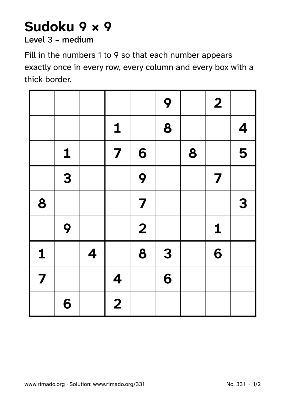 Preview of the printed page: Sudoku 9 × 9, no. 331