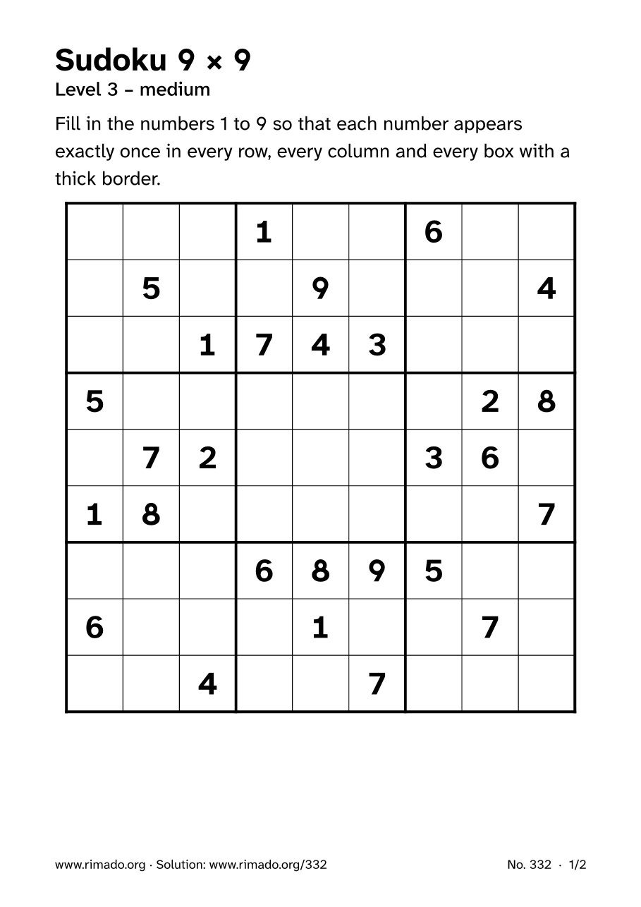 Preview of the printed page: Sudoku 9 × 9, no. 332