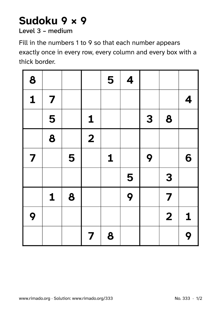 Preview of the printed page: Sudoku 9 × 9, no. 333