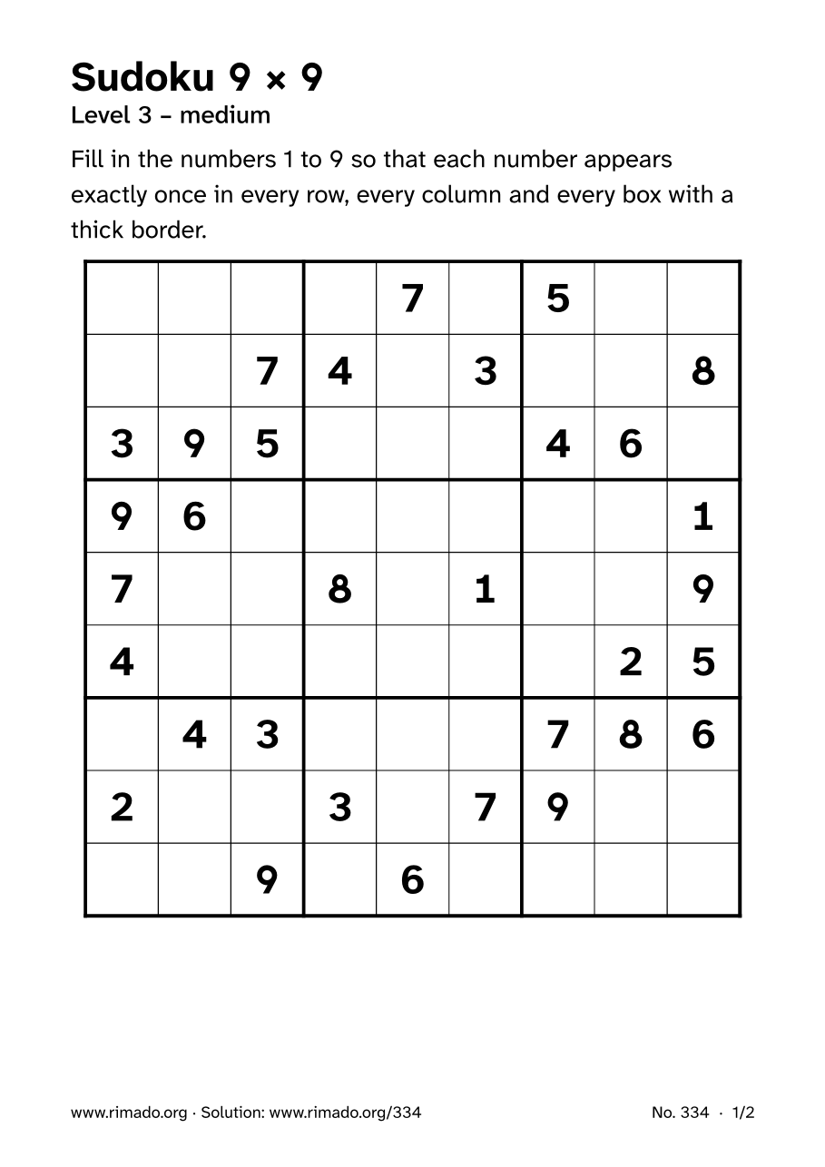 Preview of the printed page: Sudoku 9 × 9, no. 334