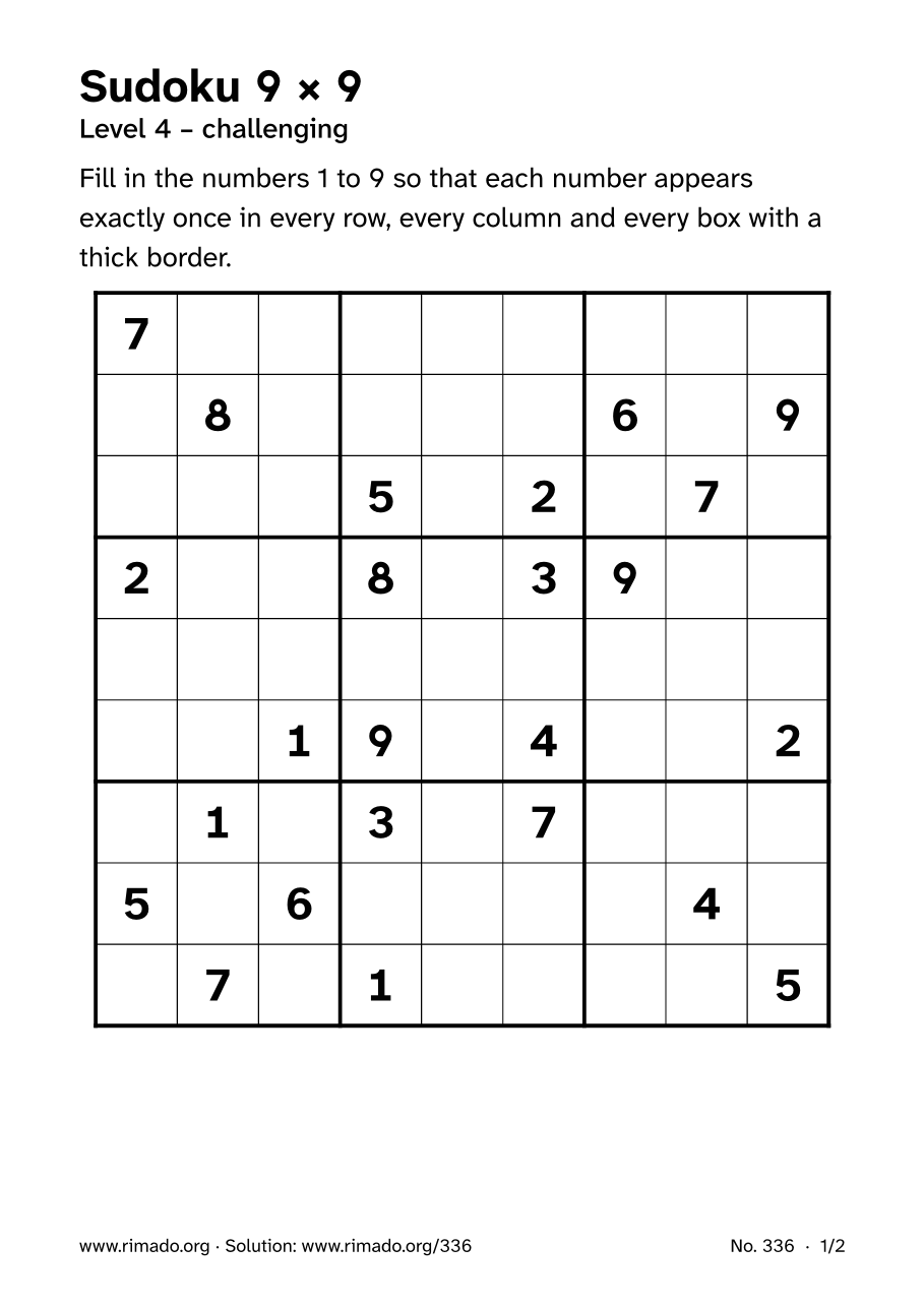 Preview of the printed page: Sudoku 9 × 9, no. 336