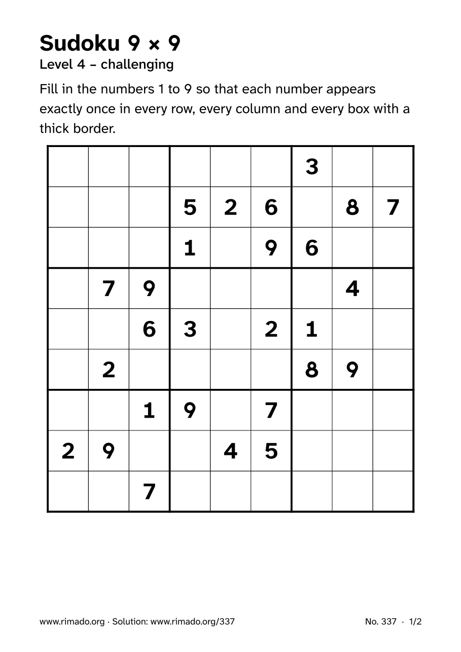 Preview of the printed page: Sudoku 9 × 9, no. 337