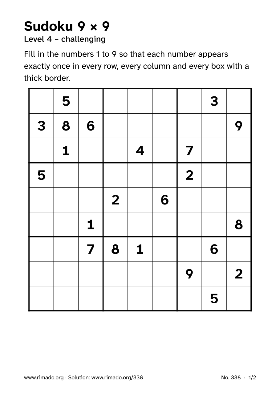 Preview of the printed page: Sudoku 9 × 9, no. 338