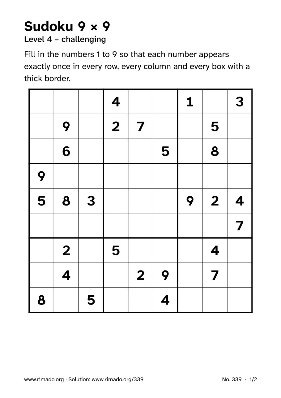 Preview of the printed page: Sudoku 9 × 9, no. 339