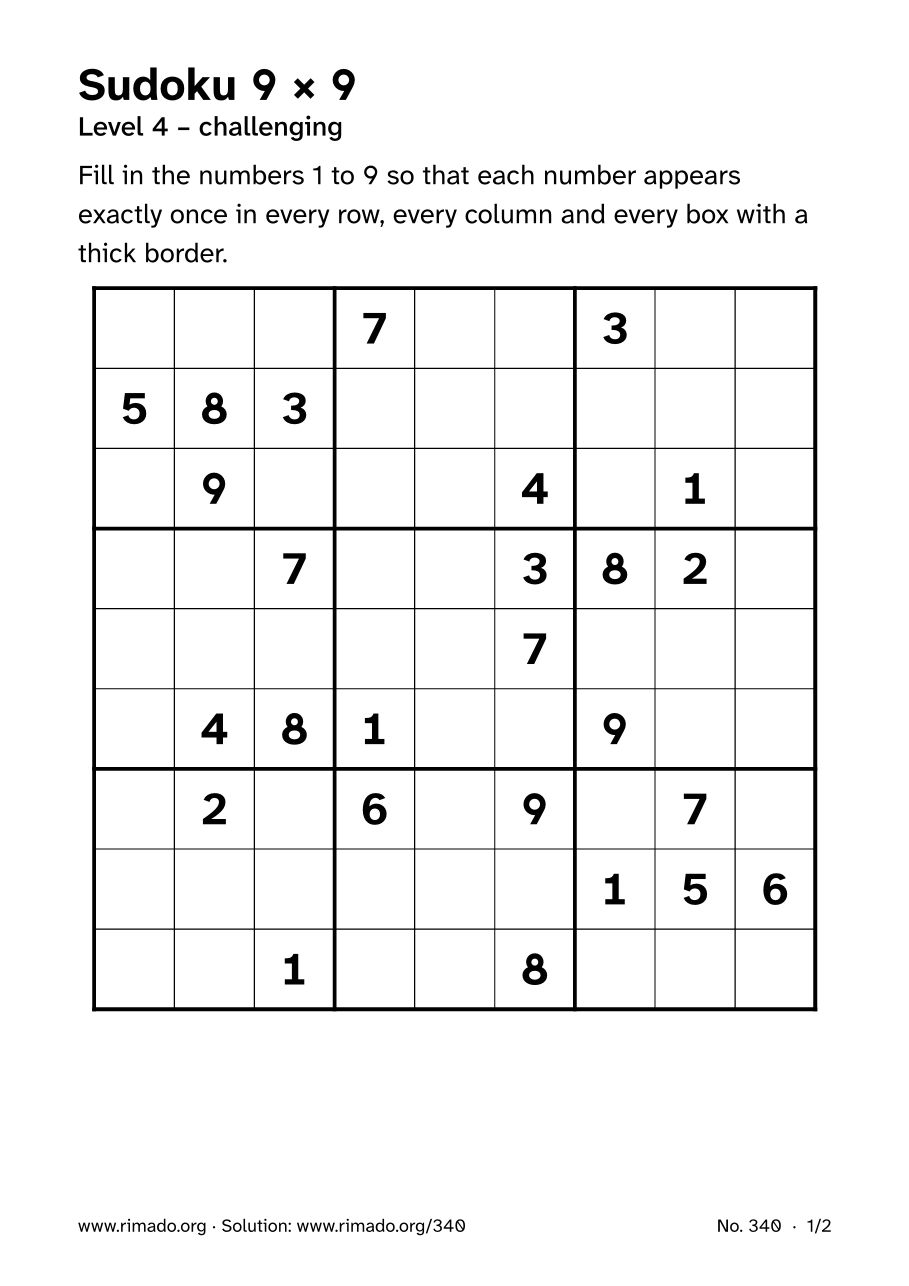 Preview of the printed page: Sudoku 9 × 9, no. 340