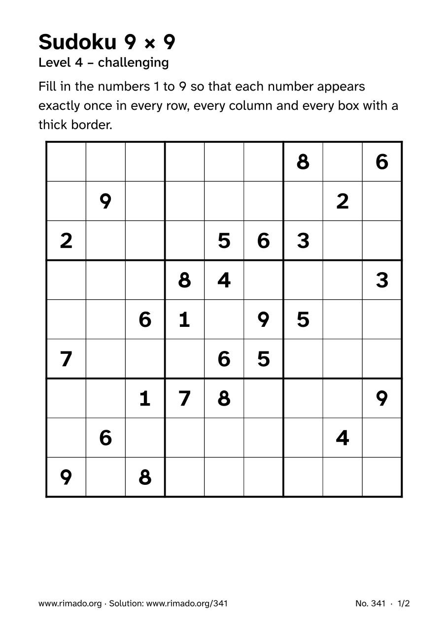 Preview of the printed page: Sudoku 9 × 9, no. 341