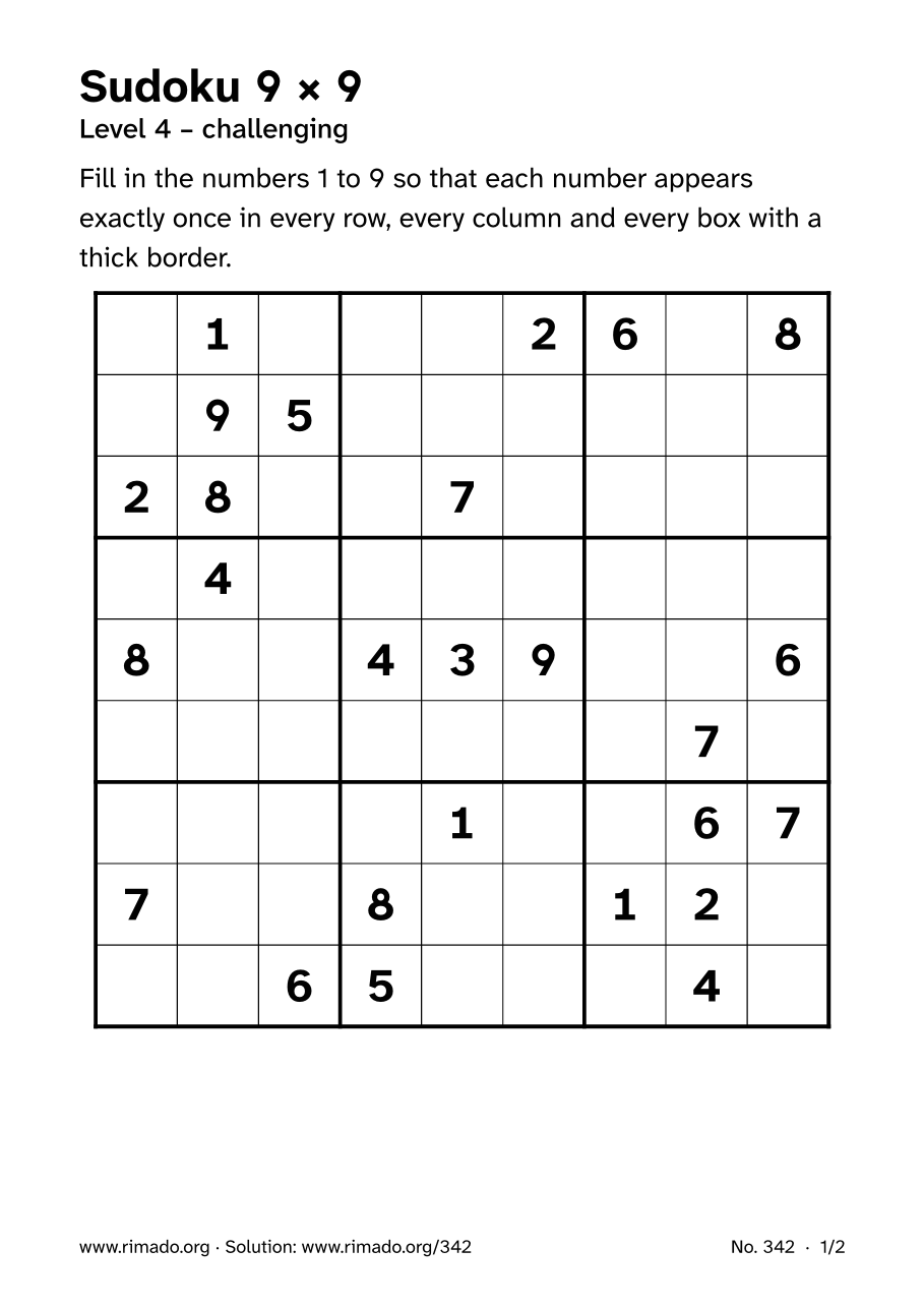 Preview of the printed page: Sudoku 9 × 9, no. 342
