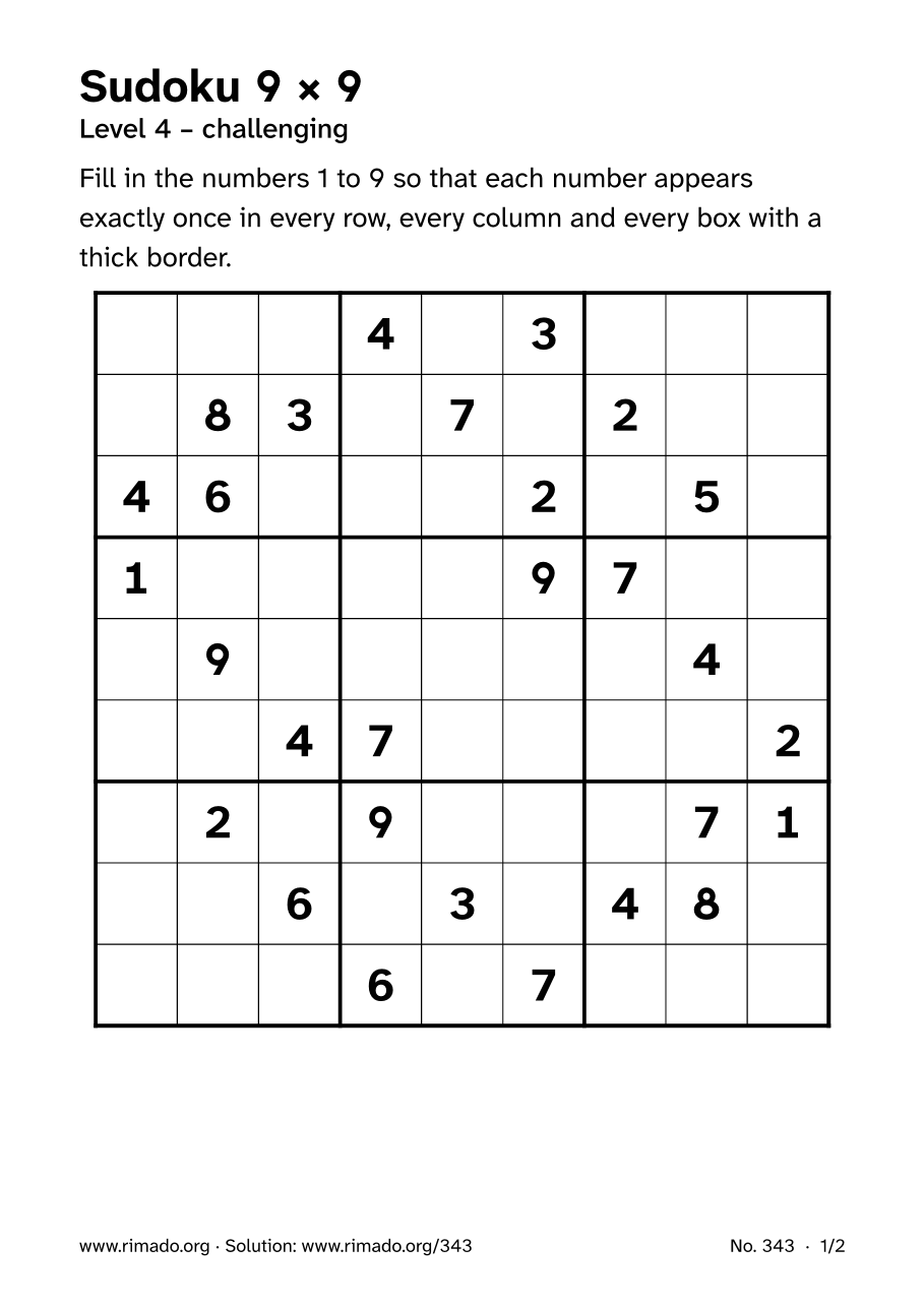 Preview of the printed page: Sudoku 9 × 9, no. 343