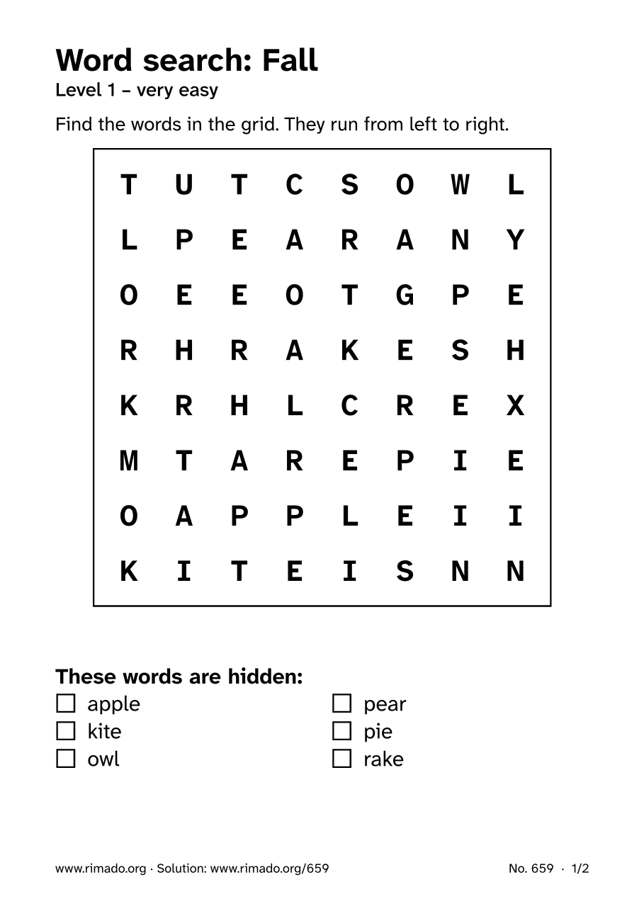 Preview of the printed page: Word search “Fall”, no. 659