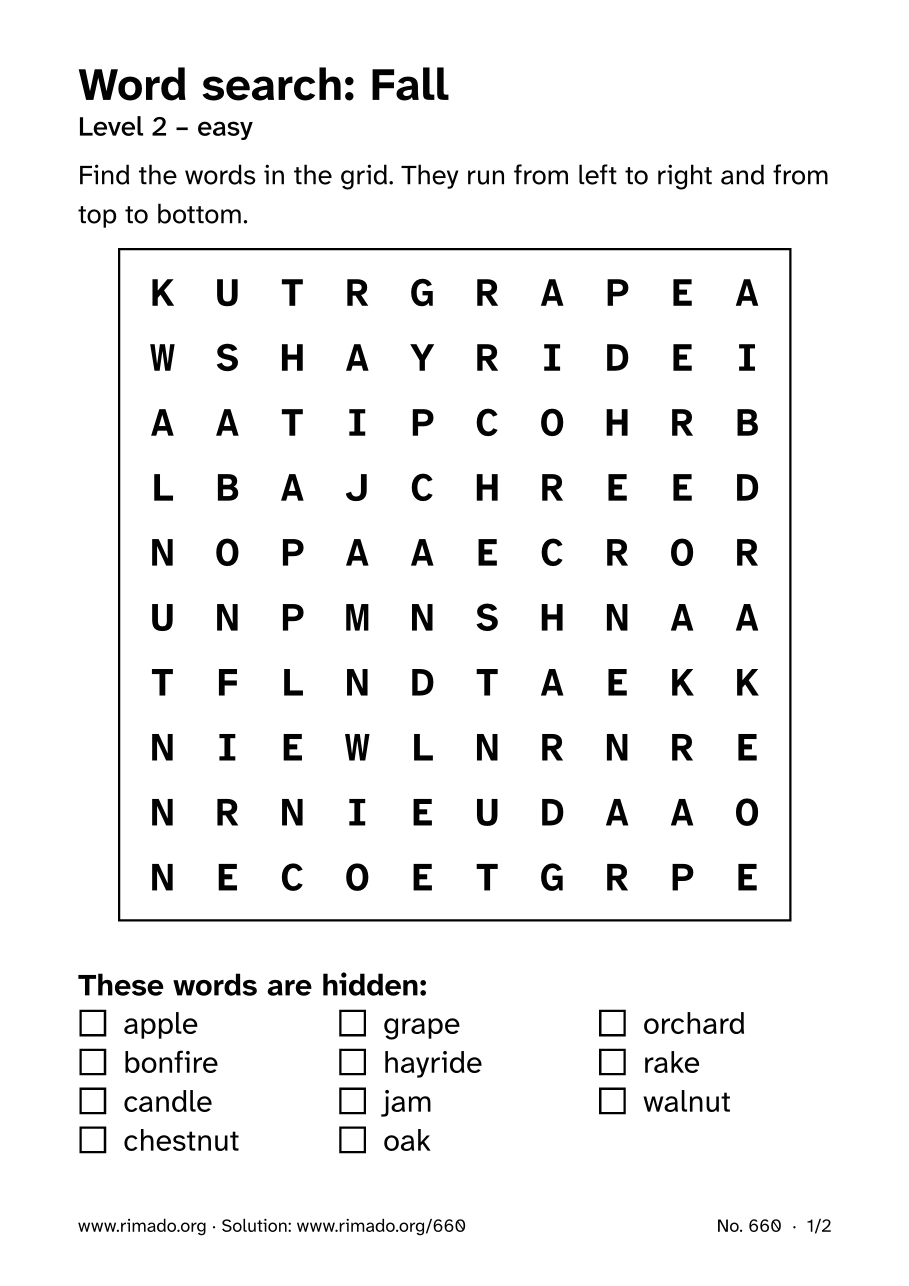 Preview of the printed page: Word search “Fall”, no. 660