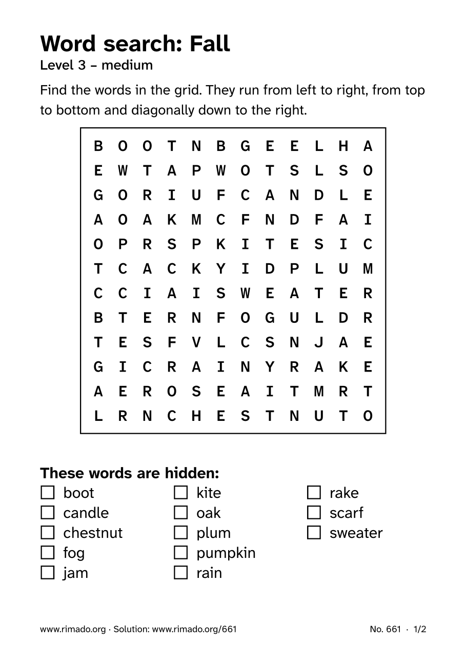 Preview of the printed page: Word search “Fall”, no. 661
