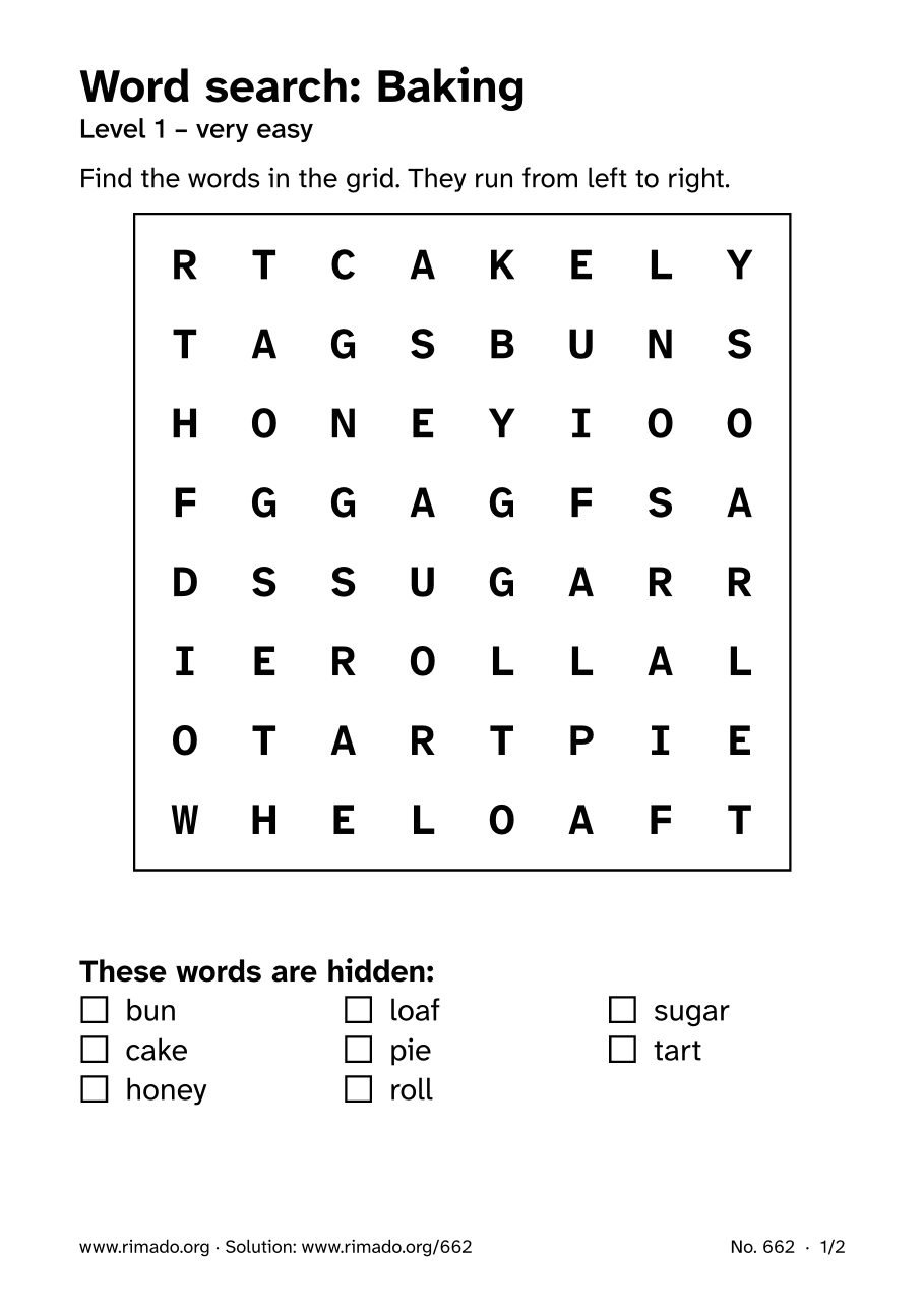 Preview of the printed page: Word search “Baking”, no. 662