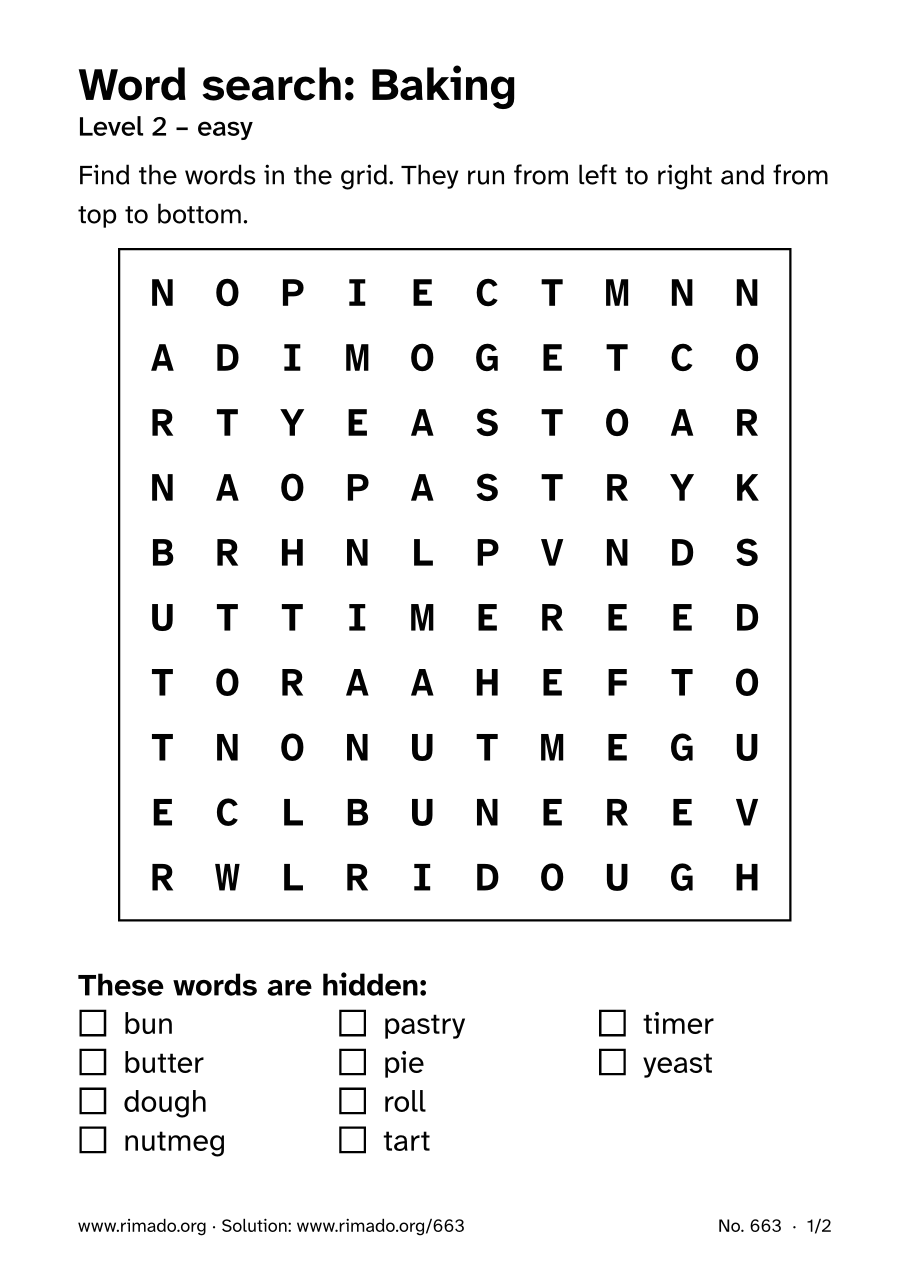 Preview of the printed page: Word search “Baking”, no. 663