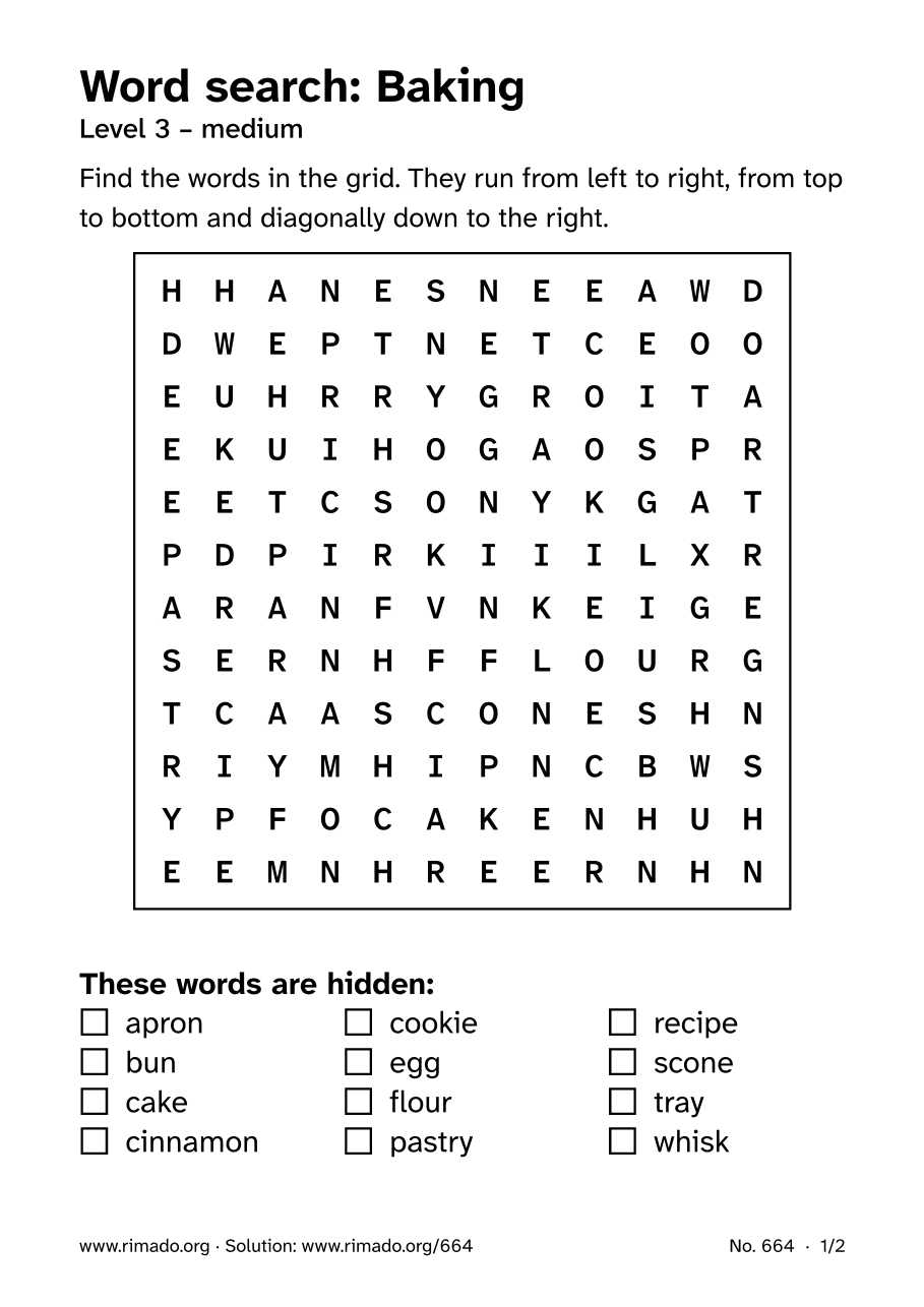 Preview of the printed page: Word search “Baking”, no. 664