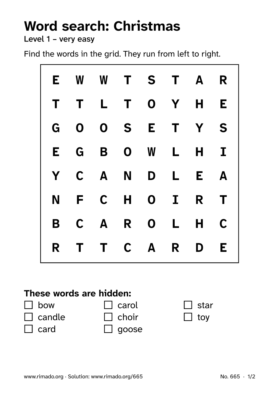 Preview of the printed page: Word search “Christmas”, no. 665