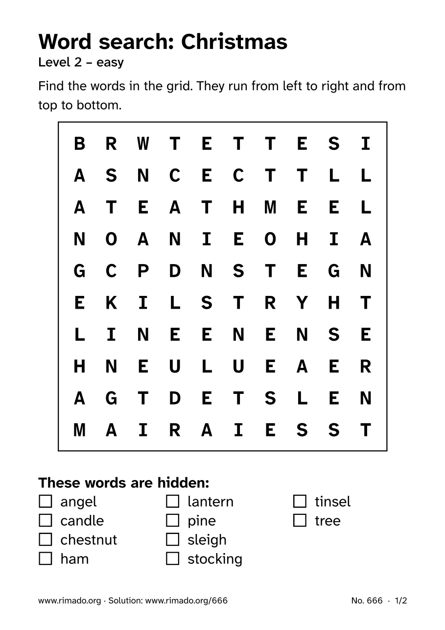 Preview of the printed page: Word search “Christmas”, no. 666