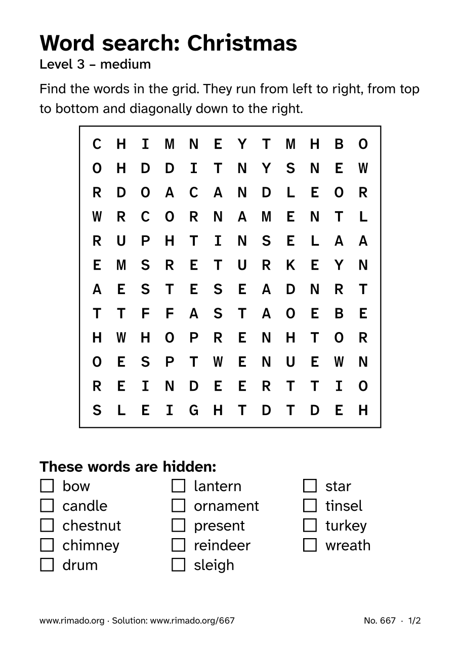 Preview of the printed page: Word search “Christmas”, no. 667