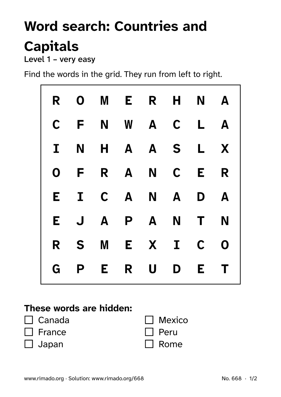 Preview of the printed page: Word search “Countries and Capitals”, no. 668