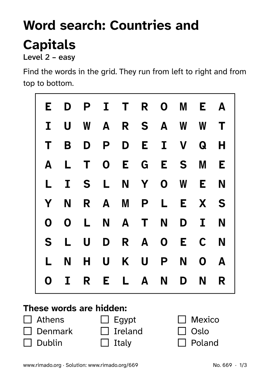 Preview of the printed page: Word search “Countries and Capitals”, no. 669