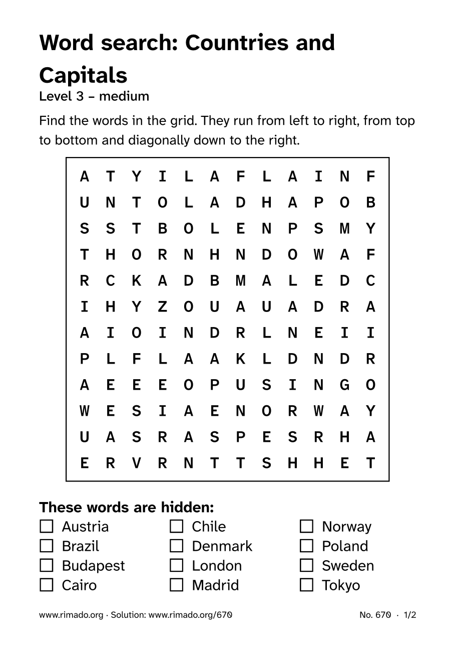 Preview of the printed page: Word search “Countries and Capitals”, no. 670