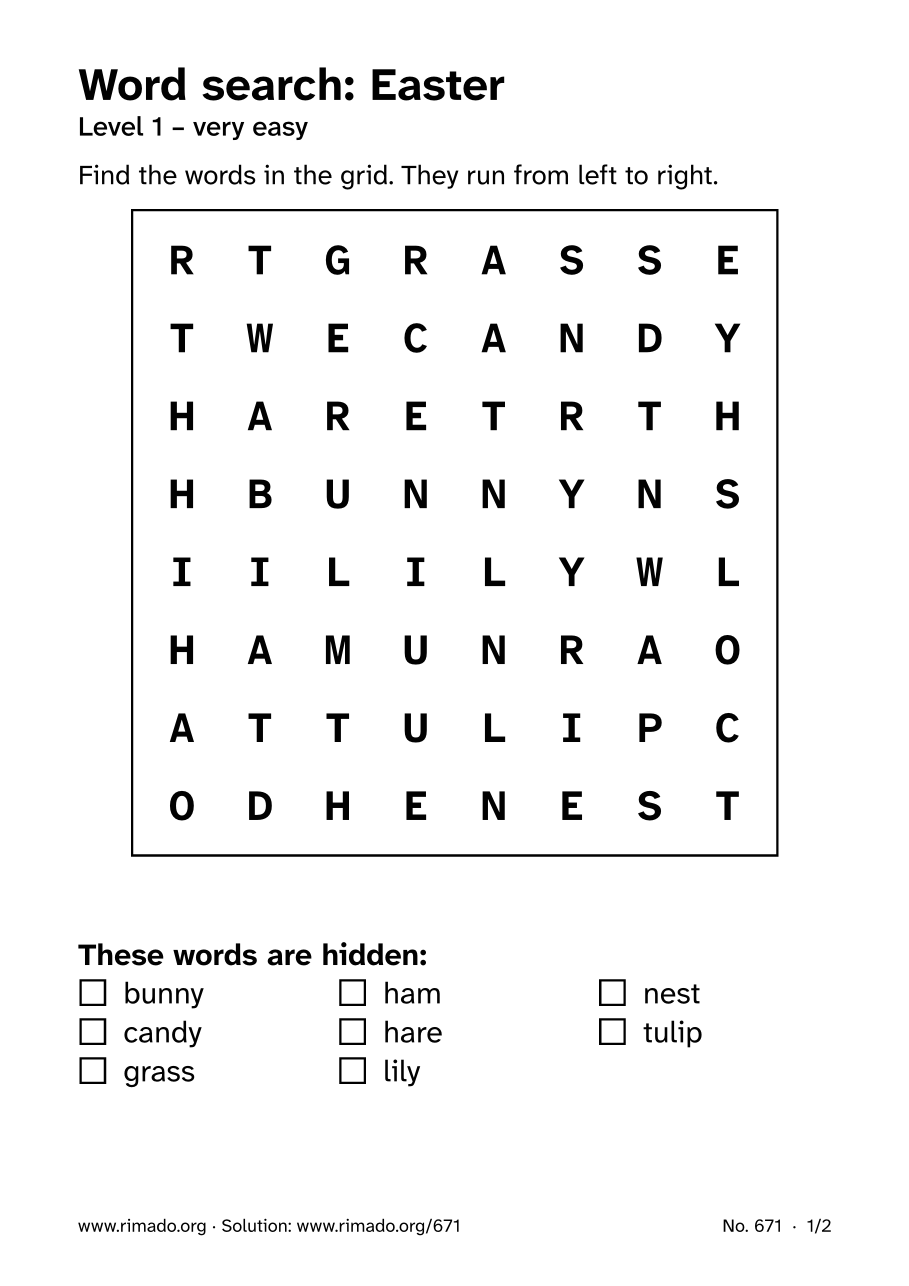 Preview of the printed page: Word search “Easter”, no. 671