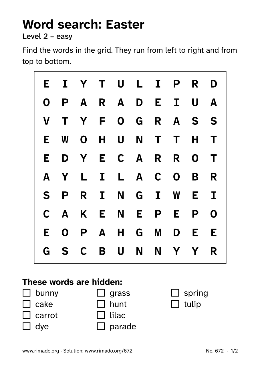 Preview of the printed page: Word search “Easter”, no. 672