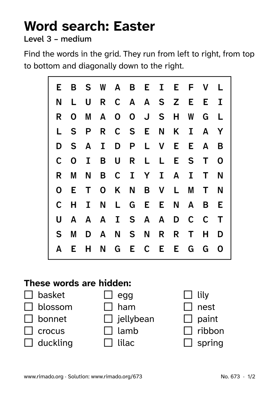 Preview of the printed page: Word search “Easter”, no. 673