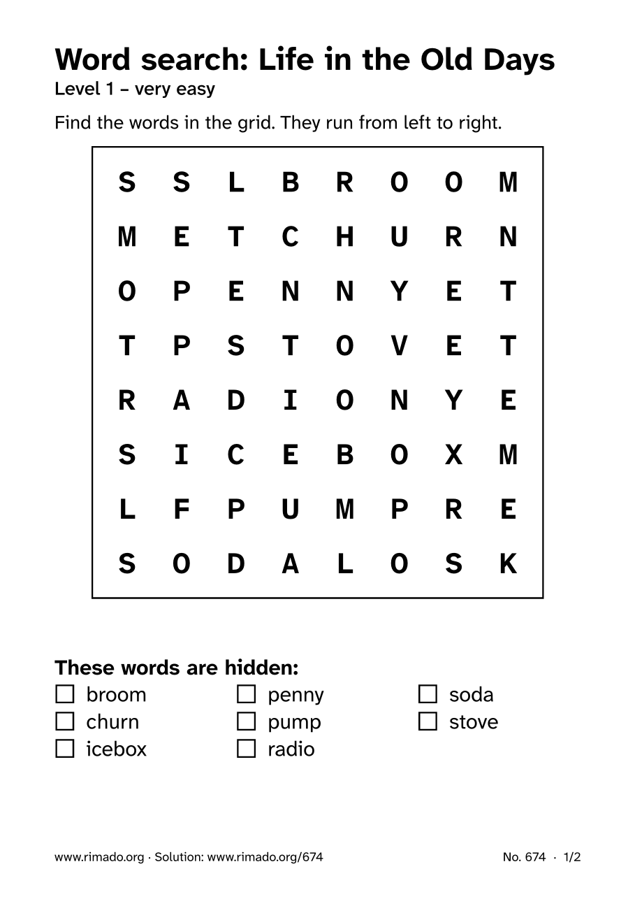 Preview of the printed page: Word search “Life in the Old Days”, no. 674