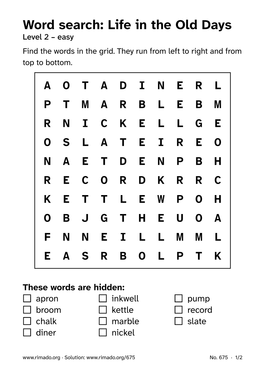 Preview of the printed page: Word search “Life in the Old Days”, no. 675