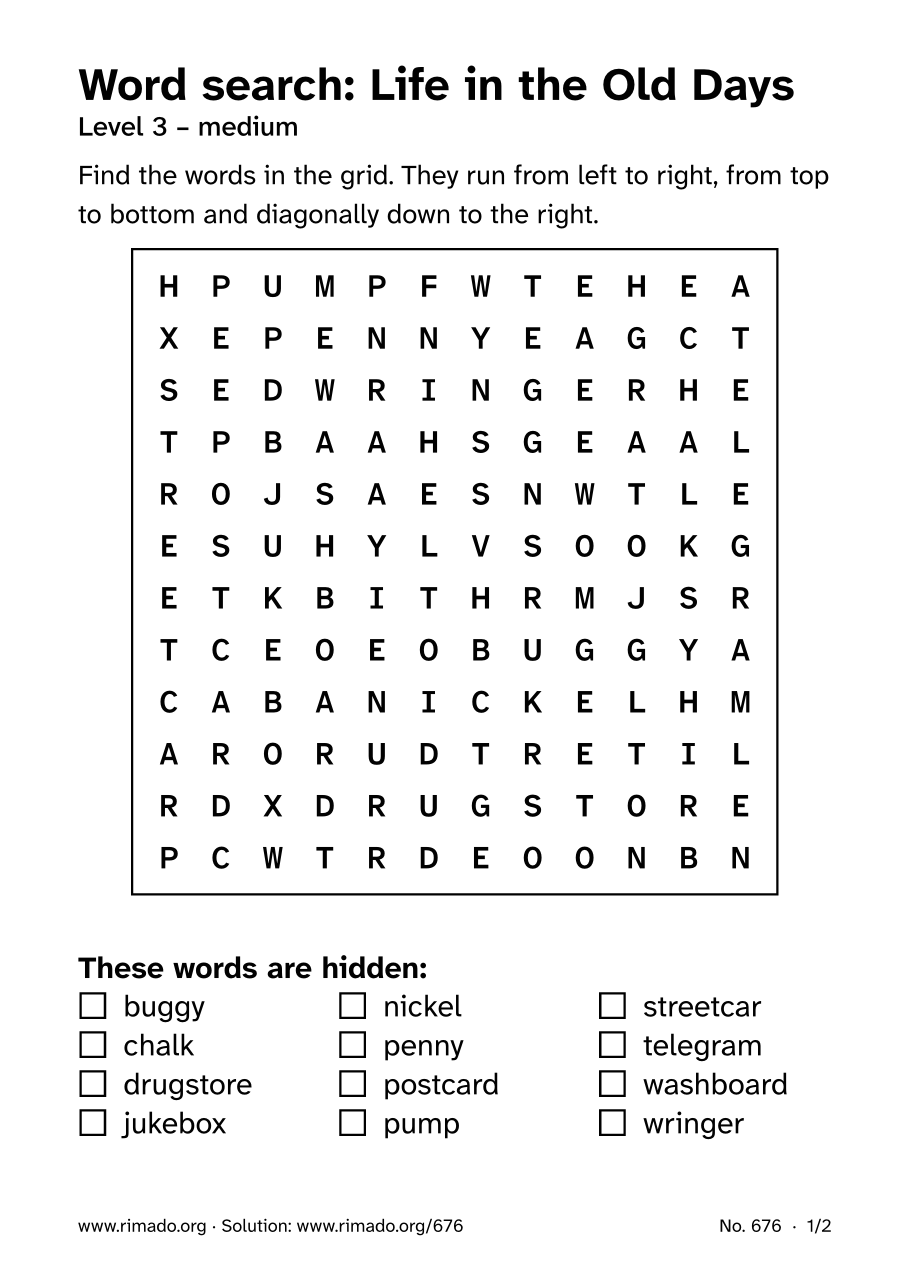 Preview of the printed page: Word search “Life in the Old Days”, no. 676