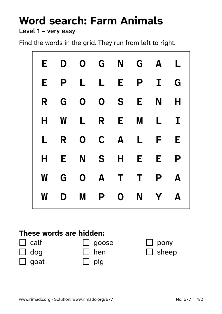 Preview of the printed page: Word search “Farm Animals”, no. 677