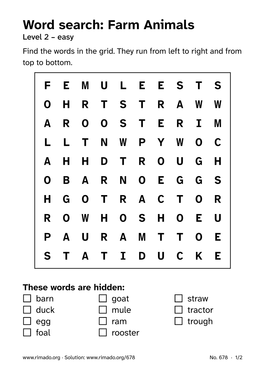 Preview of the printed page: Word search “Farm Animals”, no. 678