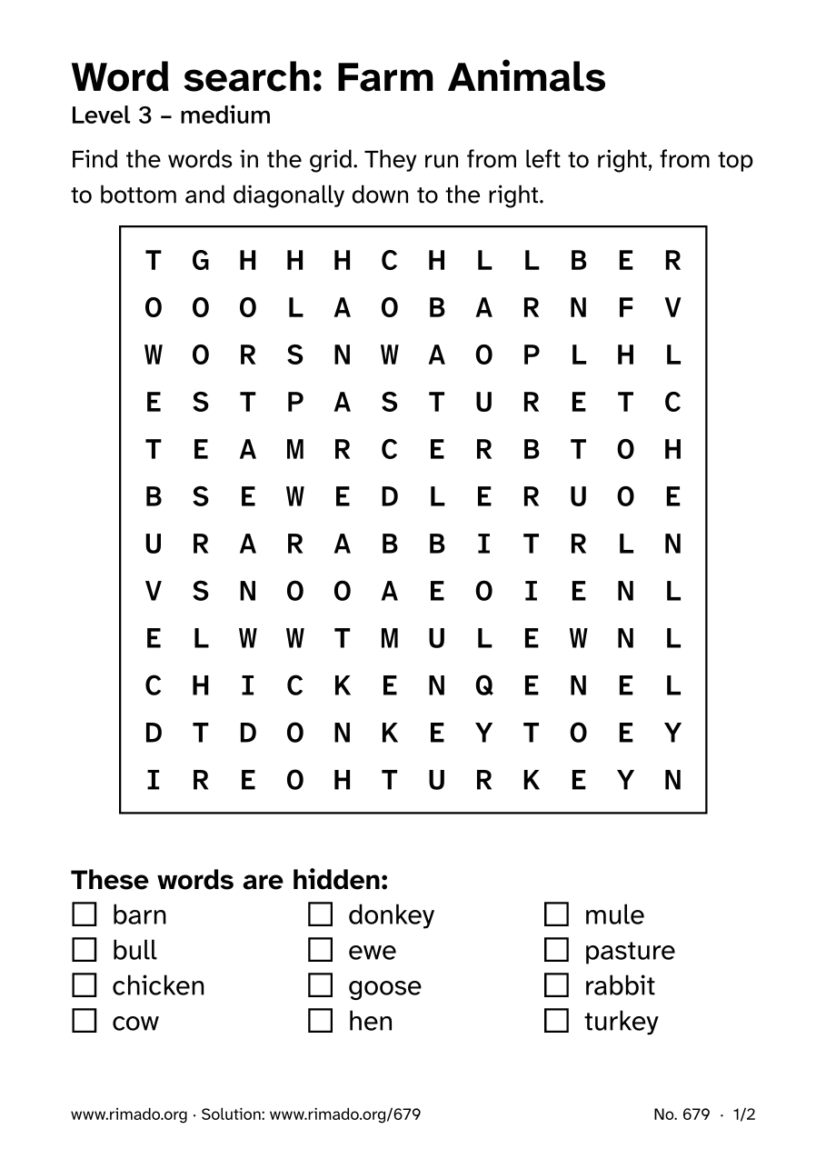 Preview of the printed page: Word search “Farm Animals”, no. 679
