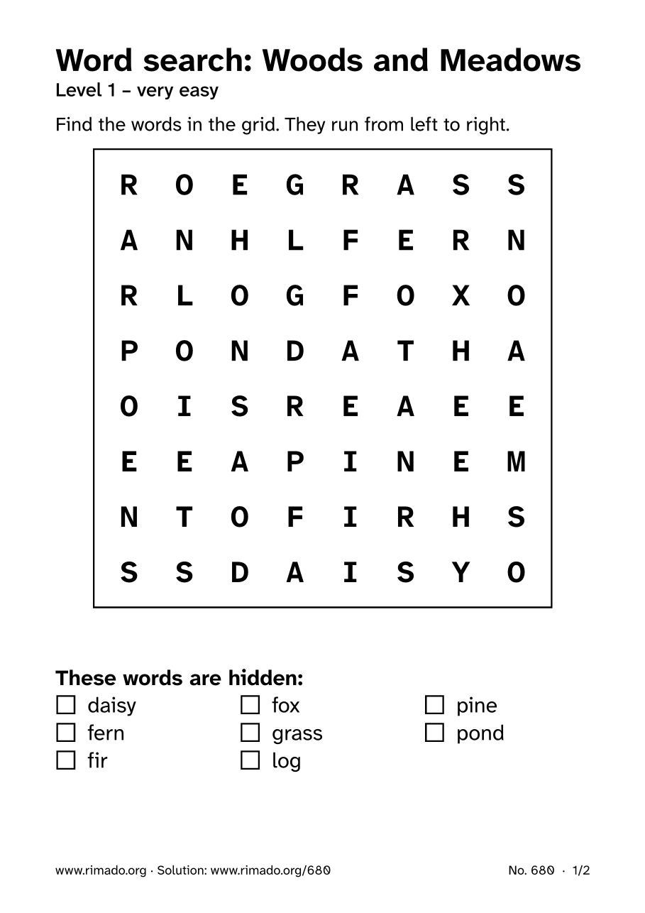 Preview of the printed page: Word search “Woods and Meadows”, no. 680