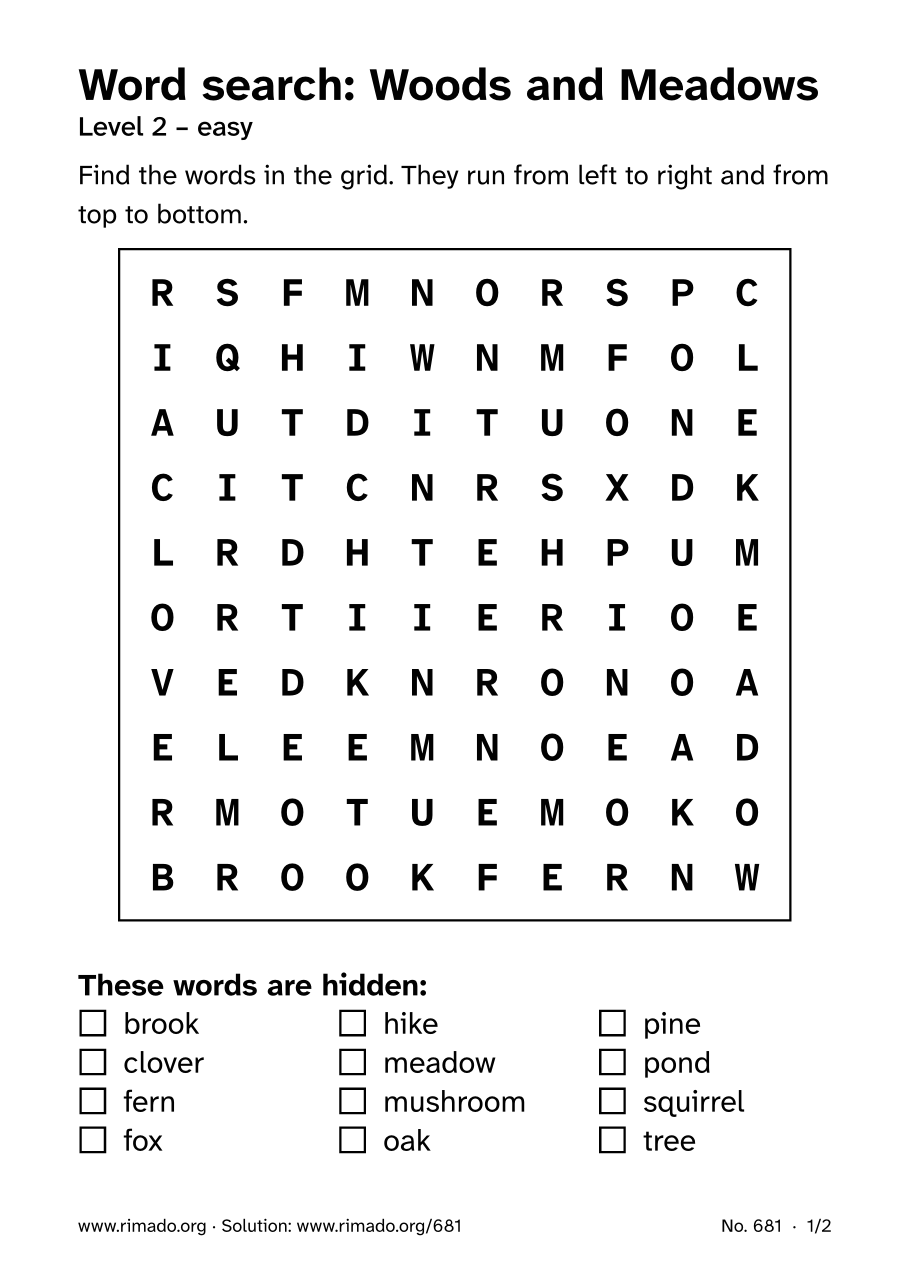 Preview of the printed page: Word search “Woods and Meadows”, no. 681