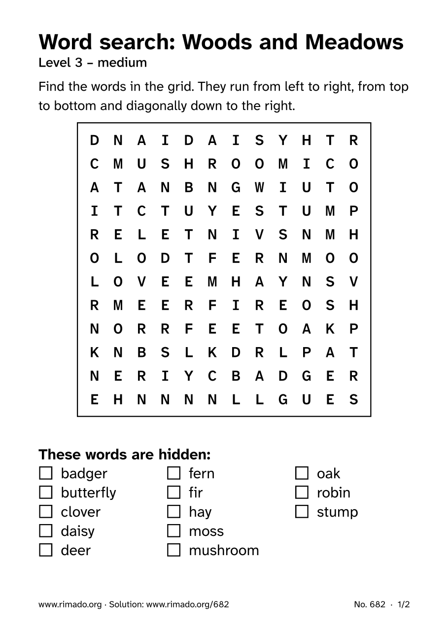 Preview of the printed page: Word search “Woods and Meadows”, no. 682