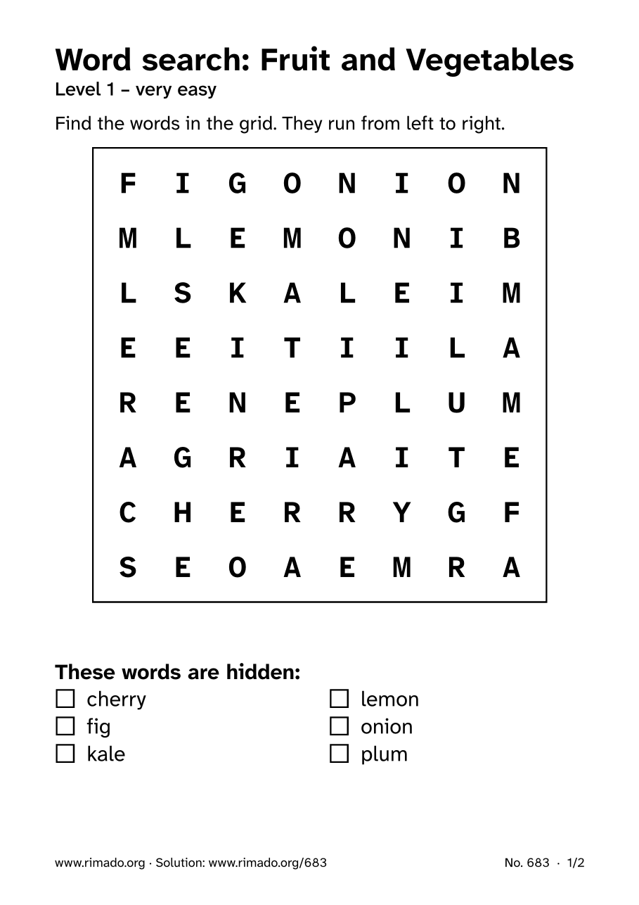 Preview of the printed page: Word search “Fruit and Vegetables”, no. 683