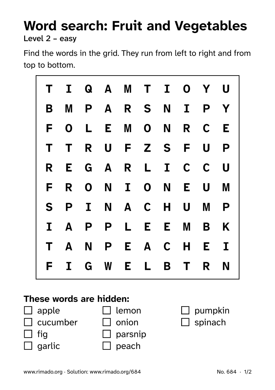 Preview of the printed page: Word search “Fruit and Vegetables”, no. 684