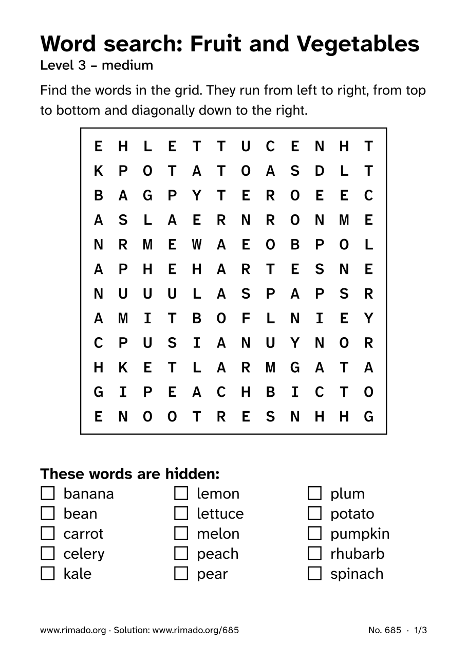 Preview of the printed page: Word search “Fruit and Vegetables”, no. 685