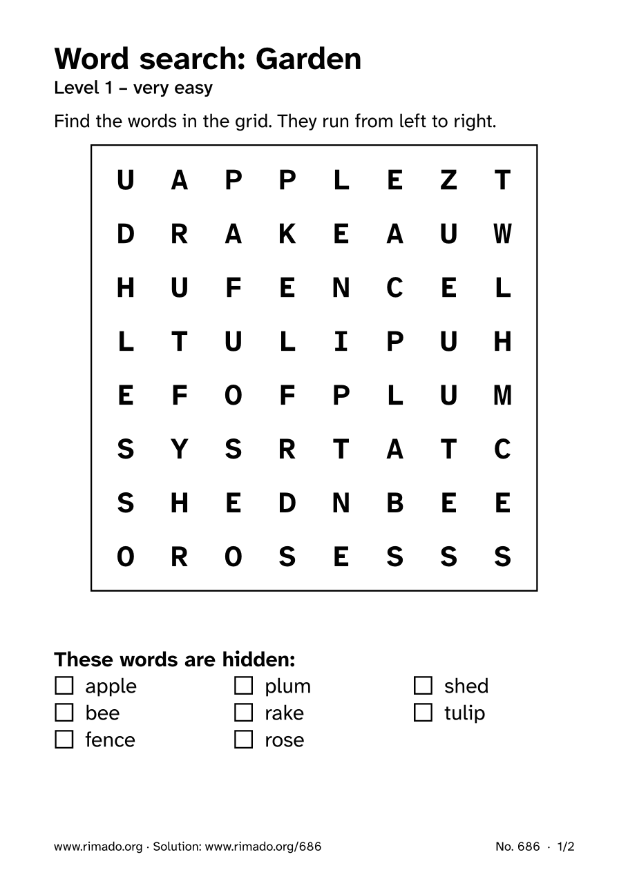Preview of the printed page: Word search “Garden”, no. 686