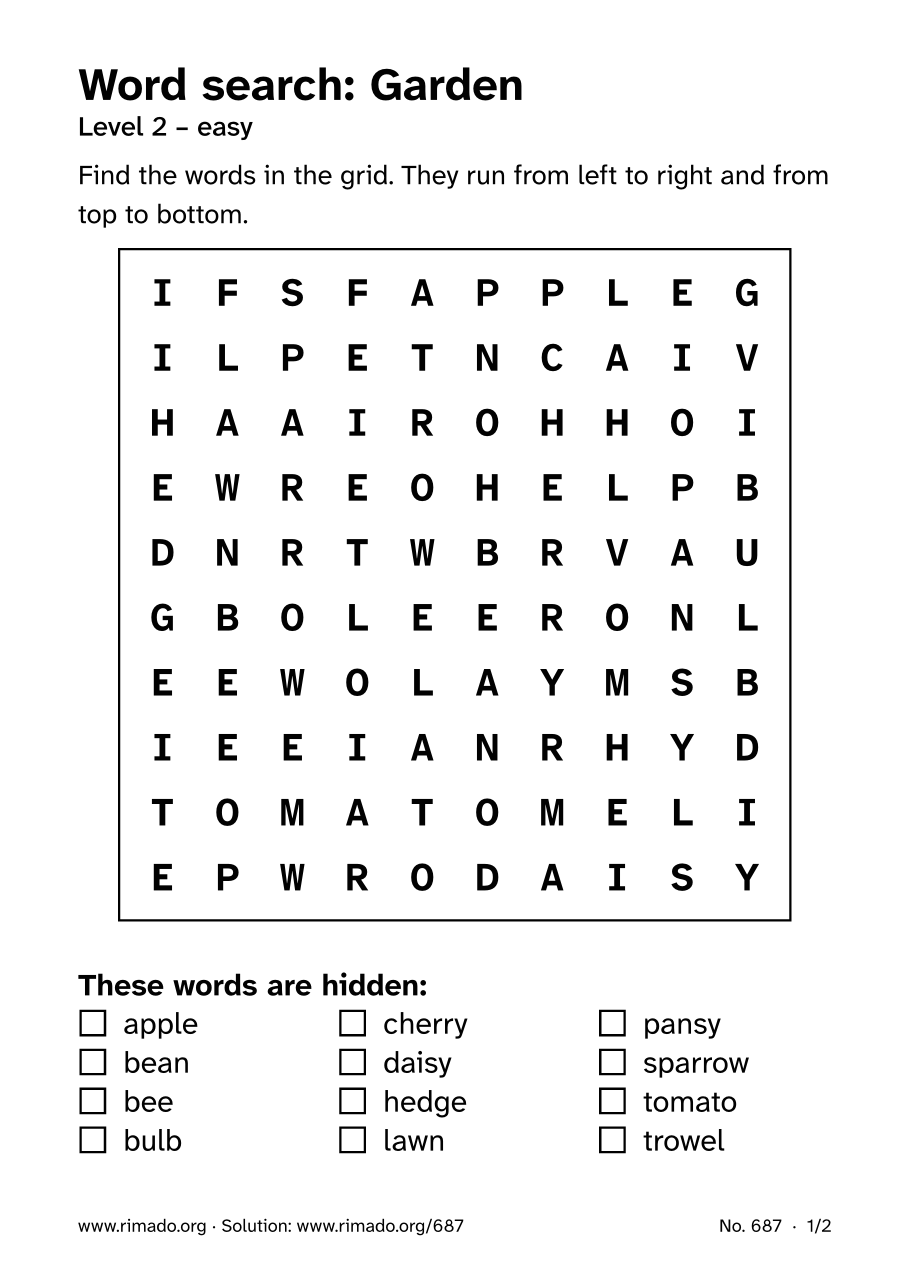 Preview of the printed page: Word search “Garden”, no. 687