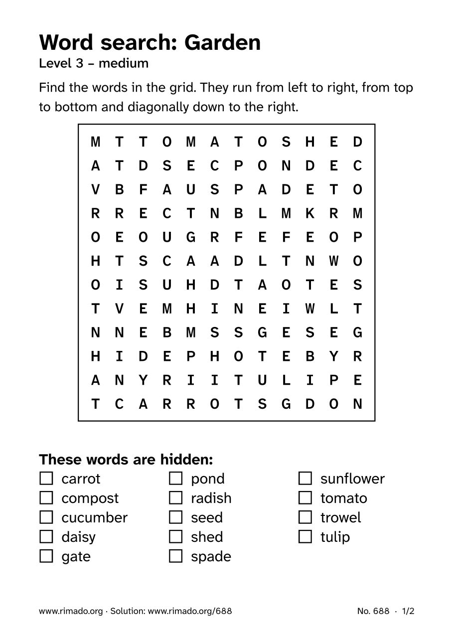 Preview of the printed page: Word search “Garden”, no. 688