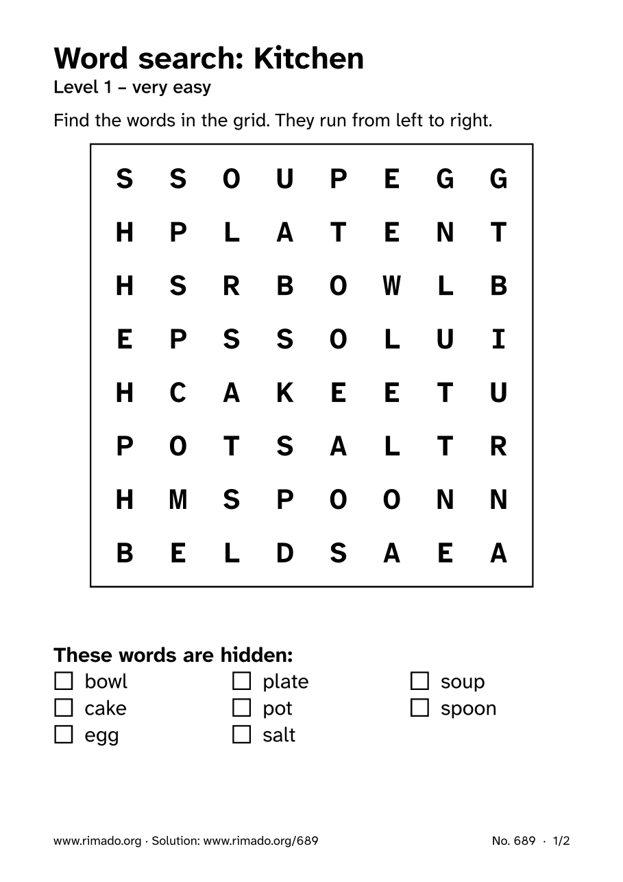 Preview of the printed page: Word search “Kitchen”, no. 689