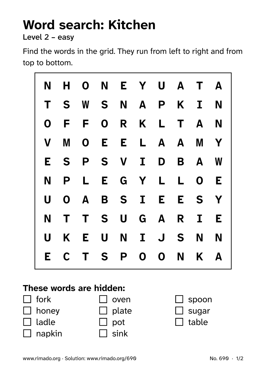Preview of the printed page: Word search “Kitchen”, no. 690