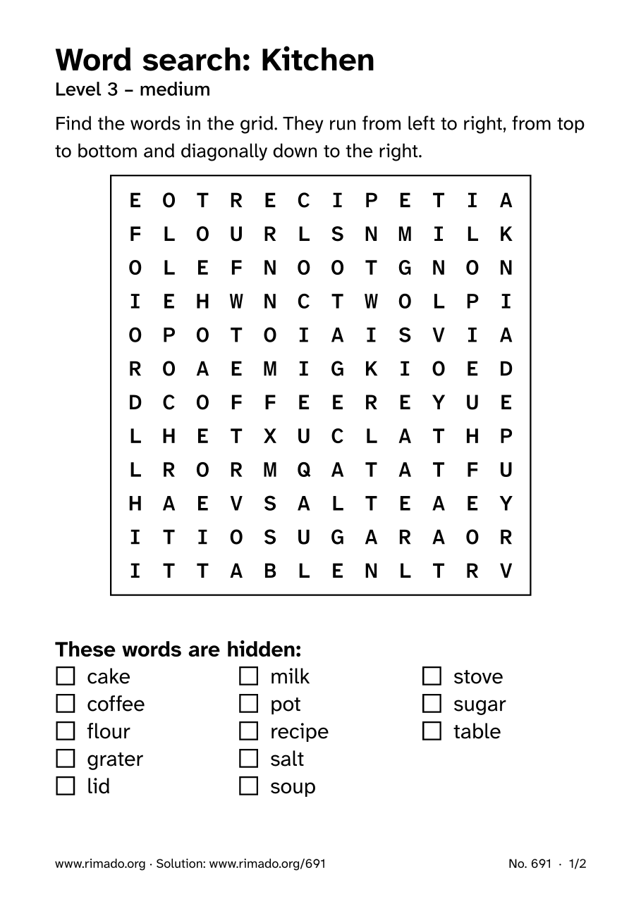 Preview of the printed page: Word search “Kitchen”, no. 691