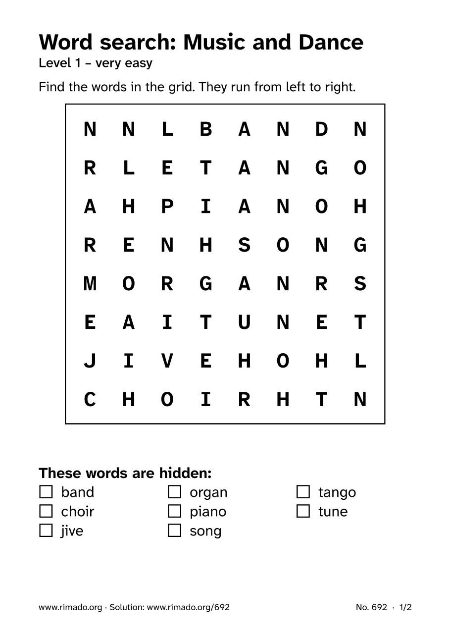 Preview of the printed page: Word search “Music and Dance”, no. 692
