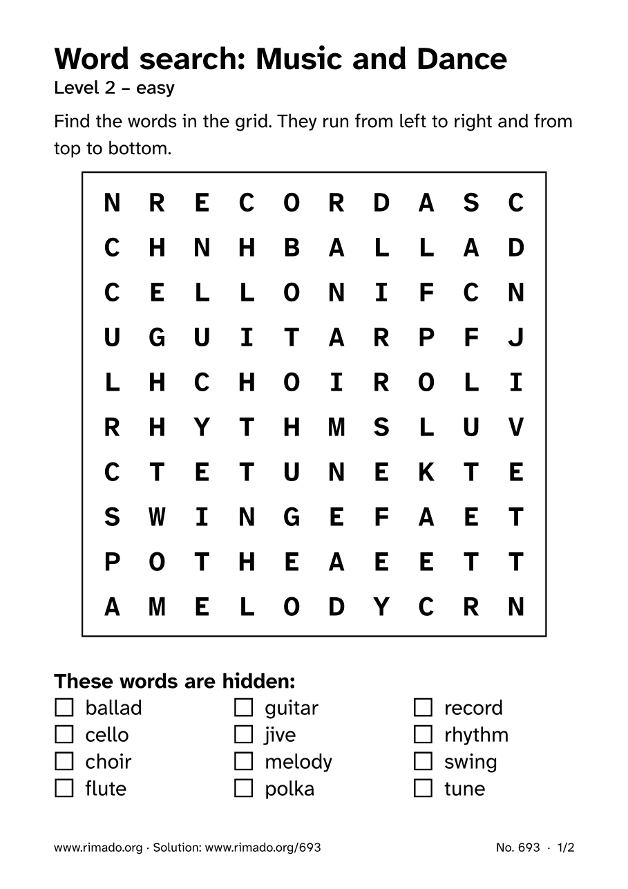 Preview of the printed page: Word search “Music and Dance”, no. 693