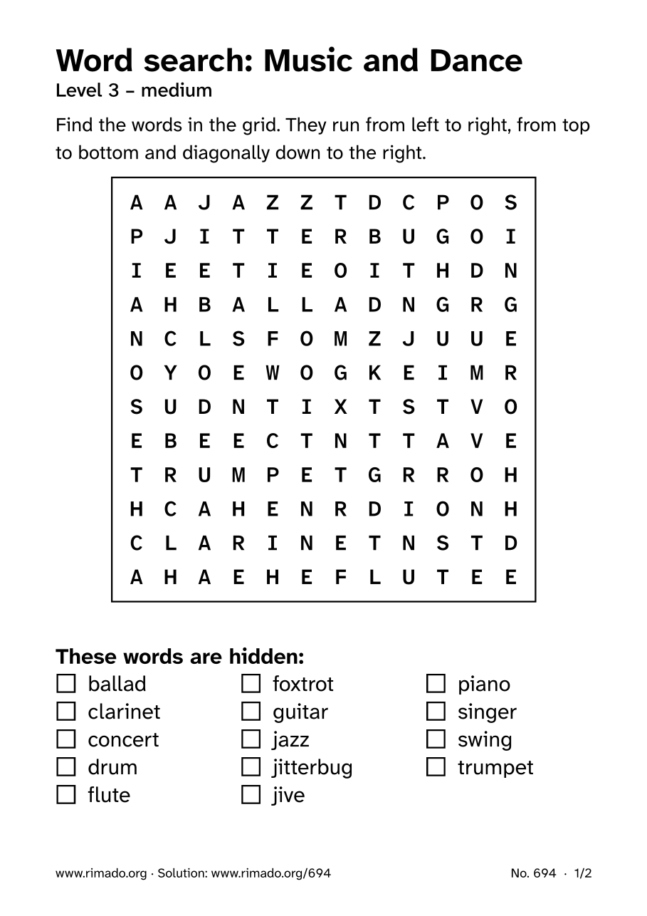 Preview of the printed page: Word search “Music and Dance”, no. 694