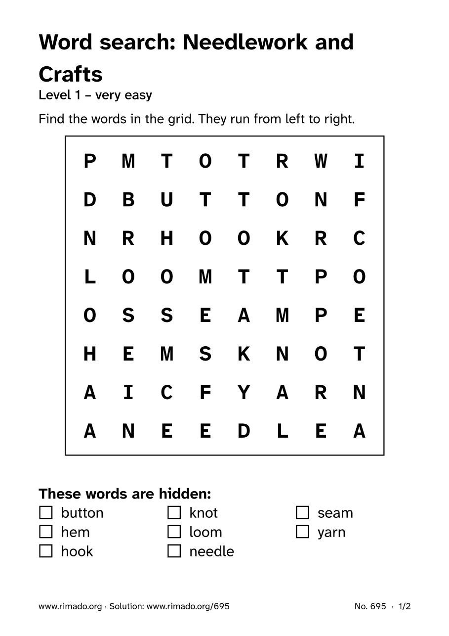 Preview of the printed page: Word search “Needlework and Crafts”, no. 695